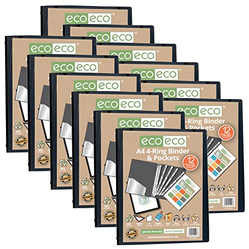 eco-eco A4 65% recyceltes Präsentationsbuch mit 4 O-Ringen, 12 mehrfach gelochten Hüllen, 22 mm Rücken, schwarz, eco046x12 von eco-eco