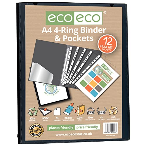 eco-eco A4 65% recyceltes Präsentationsbuch mit 4 Ringen, mit 12 mehrfach gelochten Hüllen, schwarz, eco046 von eco-eco
