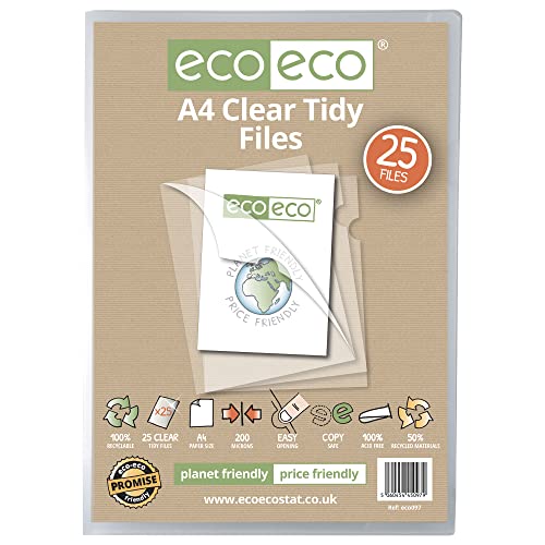 eco-eco Dokumententasche A4, 50% recycelt, 25 ordentliche Berichtsmappen, 200 Mikron, offene Ober- und Seitendeckel, durchsichtig, eco097 von eco-eco