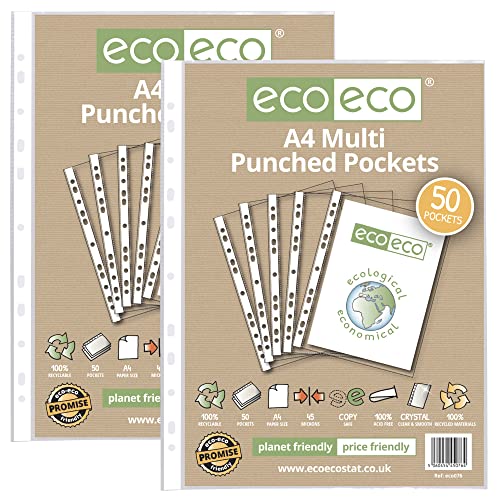 eco-eco Eco076x2 Klarsichthüllen, A4, 100 % recycelt, mehrfach gelocht, 45 Mikron, 50 Stück von eco-eco