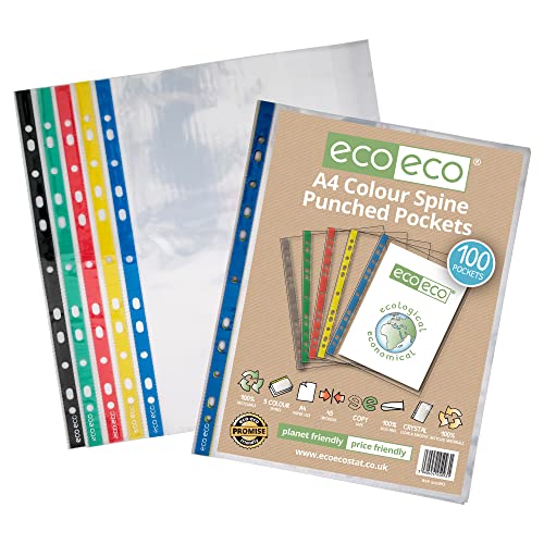 eco-eco Eco093 Klarsichthüllen, A4, 100% recycelt, farbiger Rücken, mehrfach gelocht, glasklar, transparent, 45 Mikron, 100 Stück von eco-eco