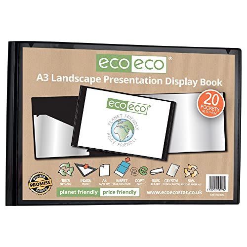 eco-eco Eco096 Präsentationsbuch, A3, 50% recycelt, 20 Taschen, Querformat, mit Kunststoffhüllen, Schwarz von eco-eco