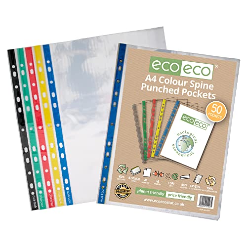 eco-eco Eco107 Klarsichthüllen, A4, 100% recycelt, farbiger Rücken, mehrfach gelocht, 45 Mikron, 50 Stück von eco-eco