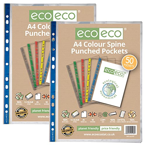 eco-eco Klarsichthüllen, A4, 100 % recycelt, farbiger Rücken, mehrfach gelocht, aus Glas, transparent, 45 Mikron, 100 Stück (2 Packungen mit je 50 Stück), eco107x2 von eco-eco