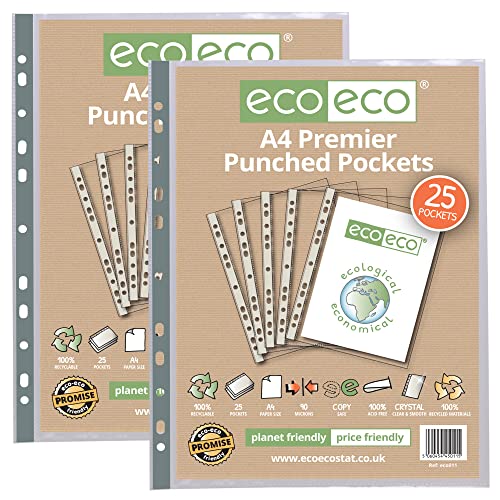 eco-eco Klarsichthüllen, A4, 100% recycelt, mehrfach gelocht, transparent, Poly-Hülle, 90 Mikron, 50 Stück von eco-eco