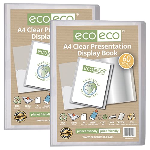eco-eco Präsentationsbuch, A4, 50% recycelt, 60 Taschen, transparent, Aufbewahrungsbox, Portfolio, Kunstmappe, mit Kunststoffhüllen, 2 Stück, eco099x2 von eco-eco