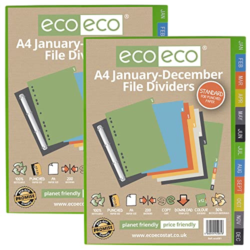 eco-eco Register A4, 50 % recycelt, mehrfach gelocht, verstärkte Farbe, Januar – Dezember, 200 mic (2 Stück) eco081x2 von eco-eco