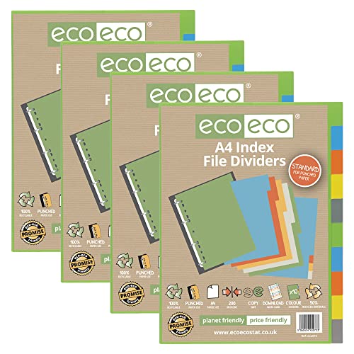 eco-eco Registerblätter A4, 50% recycelt, mehrfach gelocht, verstärkt, 10 Fächer, 200 g/m², 4 Stück von eco-eco