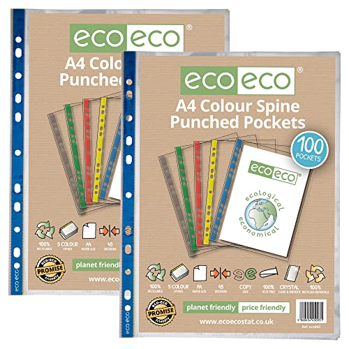 eco-eco eco093x2 Klarsichthüllen, A4, 100% recycelt, mehrfach gelocht, 45 Mikrometer, 2 Packungen mit je 100 Stück eco-eco eco093x2 Klarsichthüllen, A4, 100% recycelt, mehrfach gelocht, 45 Mikrometer, 2 Packungen mit je 100 Stück von eco-eco