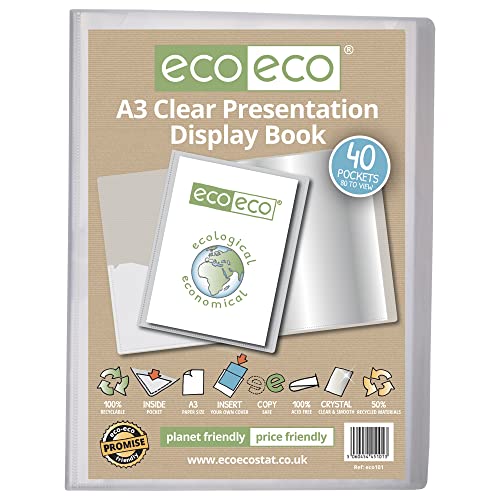 eco-eco eco101 Präsentationsbuch, A3, 50% recycelt, 40 Taschen, transparent, Aufbewahrungsbox, Portfolio, Kunstmappe mit Kunststoffhüllen, 50% recycelt, transparent von eco-eco