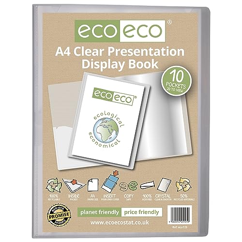 eco-eco eco125 Präsentationsbuch, A4, 50% recycelt, 10 Taschen, durchsichtig, Aufbewahrungsbox, Portfolio-Kunstmappe mit Kunststoffhüllen, transparent von eco-eco