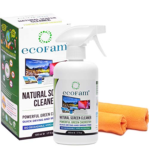 ecoFam Natürlicher Bildschirmreiniger Spray mit Zwei Premium Mikrofaser-Reinigungstüchern. Am besten geeignet für LCD, LED, HDTV, Fernseher, iPad, iPhone, Tablet, Smartphone und Laptops (500 ml) von ecoFam