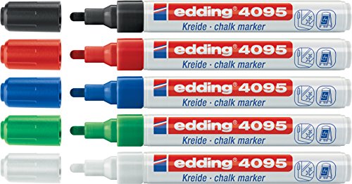 5er Set edding 4095 Fenster-/Kreidemarker, 2-3mm [Grundfarben] | Schwarz, Blau, Rot, Grün und Weiß von edding