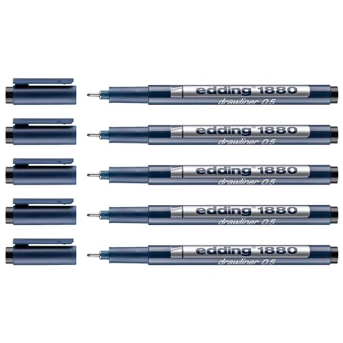 Edding Drawliner 1880 Präzisionsstifte, 0,5 mm, Schwarz (0,5), 5 Stück von edding