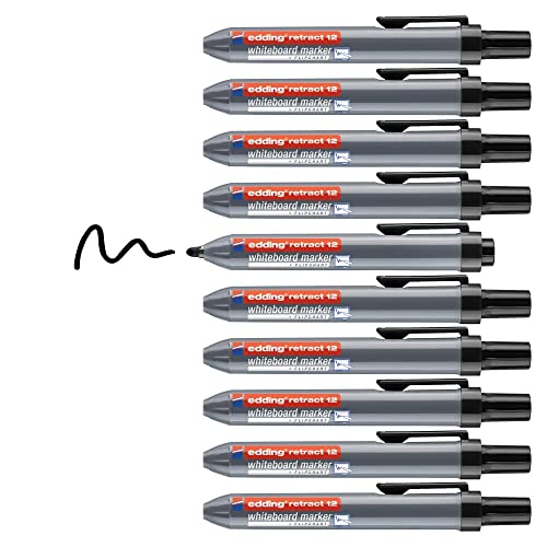 edding 12 Retract Whiteboardmarker - schwarz - 10 Whiteboard Stifte - Rundspitze 1,5-3 mm - kappenloses Design - für die einhändige Bedienung auf Whiteboard, Flipchart, Magnettafel, Pinnwand von edding