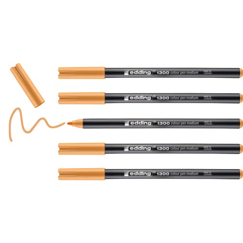 edding 1300 Fasermaler medium - hellorange - 5 Stifte - Rundspitze 2 mm - Filzstift zum Zeichnen und Schreiben - Filzstift für Schule, Mandala, Bullet Journal von edding