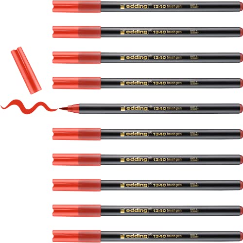 edding 1340 Pinselstift - rot - 10 Stifte - flexible Pinselspitze - Filzstift zum Malen, Schreiben und Zeichnen - Bullet Journals, Hand-Lettering, Mandalas, Kalligraphie von edding
