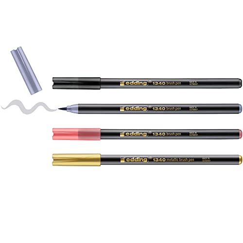 edding 1340 Pinselstifteset - 4 Stifte - gold metallic, schwarz, grau, aprikose - flexible Pinselspitze 1-6 mm - Stifte zum Schreiben und Zeichnen - hohe Deckkraft auch auf dunklerem Papier von edding