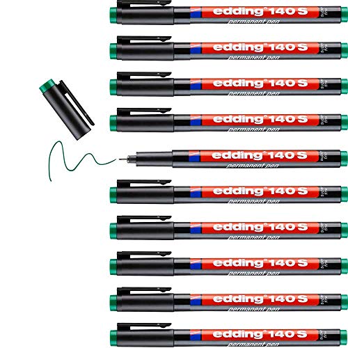 edding 140 S Permanenter Folienschreiber - grün - 10 Stifte - Rundspitze 0,3 mm - Stift zum Schreiben auf Glas, Kunststoff, Folien und glatten Oberflächen - schnelltrocknend, wisch- und wasserfest von edding