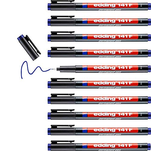 edding 141 F Permanenter Folienschreiber - blau - 10 Stifte - Rundspitze 0,6 mm - Stift zum Schreiben auf Glas, Kunststoff, Folien und glatten Oberflächen - schnelltrocknend, wisch- und wasserfest von edding