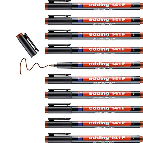 edding 141 F Permanenter Folienschreiber - braun - 10 Stifte - Rundspitze 0,6 mm - Stift zum Schreiben auf Glas, Kunststoff, Folien und glatten Oberflächen - schnelltrocknend, wisch- und wasserfest von edding