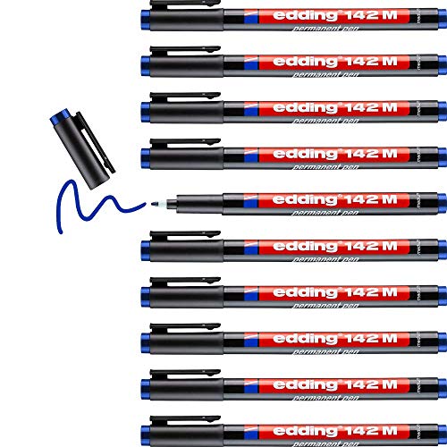 edding 142 M Permanenter Folienschreiber - blau - 10 Stifte - Rundspitze 1 mm - Stift zum Schreiben auf Glas, Kunststoff, Folien und glatten Oberflächen - schnelltrocknend, wisch- und wasserfest von edding