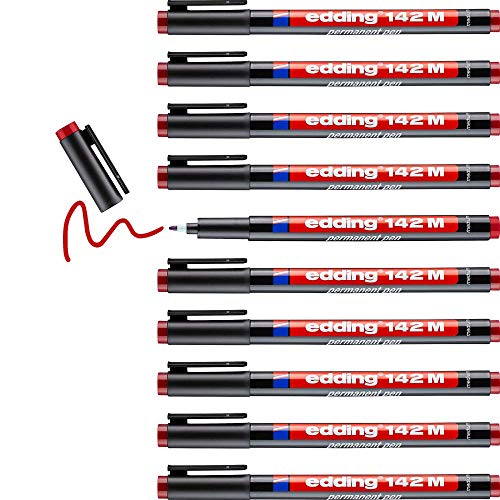 edding 142 M Permanenter Folienschreiber - rot - 10 Stifte - Rundspitze 1 mm - Stift zum Schreiben auf Glas, Kunststoff, Folien und glatten Oberflächen - schnelltrocknend, wisch- und wasserfest von edding