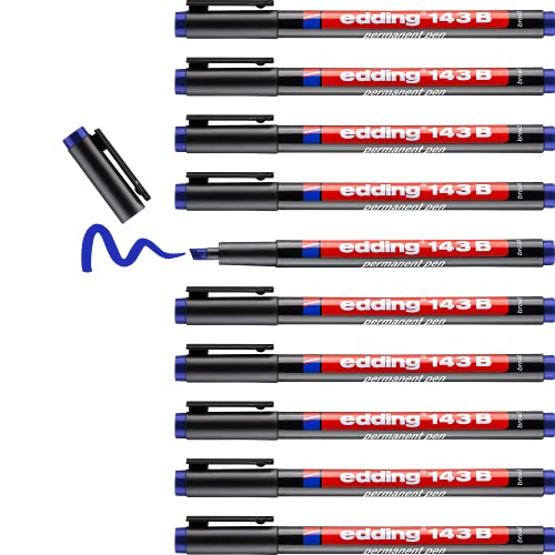 edding 143 B Permanenter Folienschreiber - blau - 10 Stifte - Keilspitze 1-3 mm - Stift zum Schreiben auf Glas, Kunststoff, Folien und glatten Oberflächen - schnelltrocknend, wisch- und wasserfest von edding