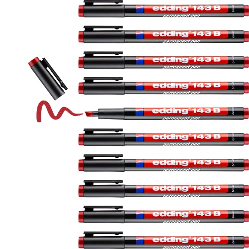 edding 143 B Permanenter Folienschreiber - rot - 10 Stifte - Keilspitze 1-3 mm - Stift zum Schreiben auf Glas, Kunststoff, Folien und glatten Oberflächen - schnelltrocknend, wisch- und wasserfest von edding