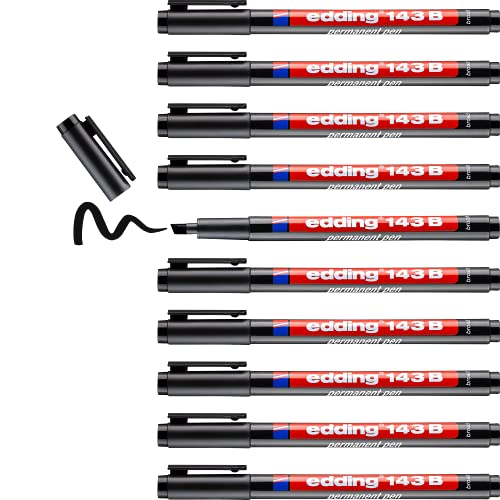 edding 143 B Permanenter Folienschreiber - schwarz - 10 Stifte -Keilspitze 1-3 mm - Stift zum Schreiben auf Glas, Kunststoff, Folien und glatten Oberflächen - schnelltrocknend, wisch- und wasserfest von edding