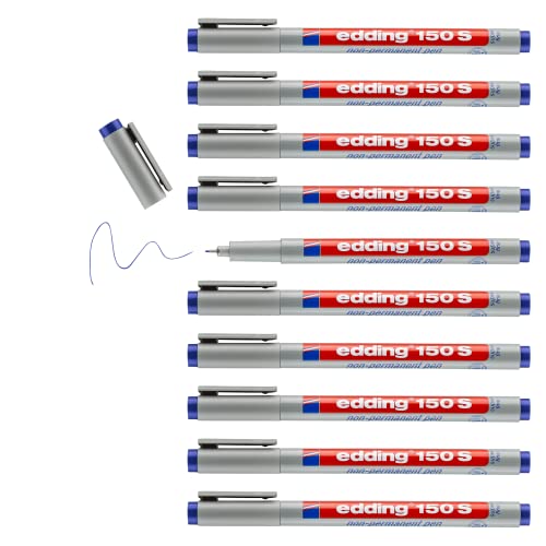 edding 150 S Non-permanent pen - blau - 10 Stifte - Rundspitze 0,3 mm - Stift zum Schreiben auf Glas, Kunststoff, Folien und glatten Oberflächen - schnelltrocknend, mit Wasser korrigierbar von edding