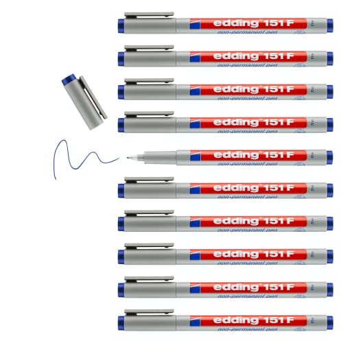 edding 151 F Non-permanent pen - blau - 10 Stifte - Rundspitze 0,6 mm - Stift zum Schreiben auf Glas, Kunststoff, Folien und glatten Oberflächen - schnelltrocknend, mit Wasser korrigierbar von edding