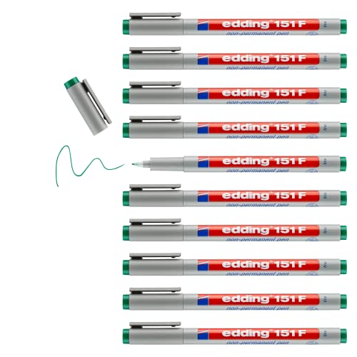 edding 151 F Non-permanent pen - grün - 10 Stifte - Rundspitze 0,6 mm - Stift zum Schreiben auf Glas, Kunststoff, Folien und glatten Oberflächen - schnelltrocknend, mit Wasser korrigierbar von edding