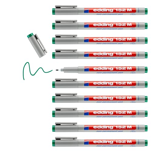 edding 152 M Non-permanent pen - grün - 10 Stifte - Rundspitze 1 mm - Stift zum Schreiben auf Glas, Kunststoff, Folien und glatten Oberflächen - schnelltrocknend, mit Wasser korrigierbar von edding