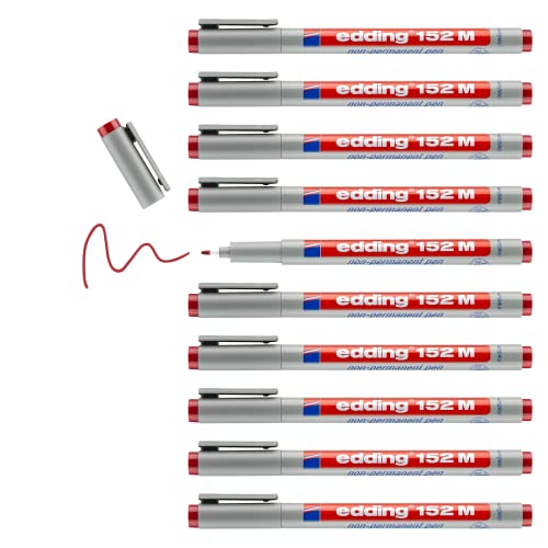 edding 152 M Non-permanent pen - rot - 10 Stifte - Rundspitze 1 mm - Stift zum Schreiben auf Glas, Kunststoff, Folien und glatten Oberflächen - schnelltrocknend, mit Wasser korrigierbar von edding