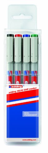 edding 152 M non-permanenter Folienschreiber - 4er-Set-schwarz,rot,blau,grün-Rundspitze 1 mm-Stift zum Schreiben auf Glas,Kunststoff und glatten Oberflächen - schnelltrocknend, mit Wasser korrigierbar edding 152 M non-permanenter Folienschreiber - 4er-Set-schwarz,rot,blau,grün-Rundspitze 1 mm-Stift zum Schreiben auf Glas,Kunststoff und glatten Oberflächen - schnelltrocknend, mit Wasser korrigierbar von edding