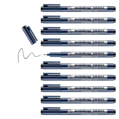 edding 1880 Präzisionsfeinschreiber - schwarz - 10 Stifte - Linienbreite 0,5 mm - Fineliner zum präzisen Schreiben und Skizzieren - feine, metallgefasste Spitze - Lineal- und schablonengeeignet von edding