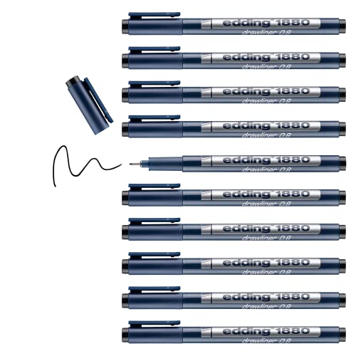 edding 1880 Präzisionsfeinschreiber - schwarz - 10 Stifte - Linienbreite 0,8 mm - Fineliner zum präzisen Schreiben und Skizzieren - feine, metallgefasste Spitze - Lineal- und schablonengeeignet von edding