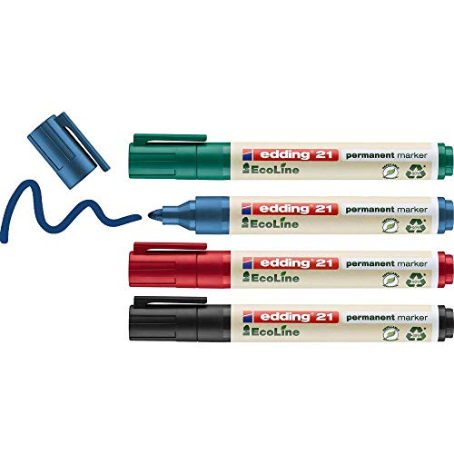 edding 21 Ecoline Permanentmarker Set - bunte Farben - 4 Stifte - Rundspitze 1,5-3mm - schnell trocknend - Permanent Marker - wasserfest, wischfest - Karton, Kunststoff, Holz, Metall - Universalmarker von edding