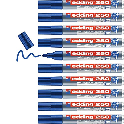 edding 250 Whiteboardmarker - blau - 10 Whiteboard Stifte - Rundspitze 1,5-3 mm - Boardmarker abwischbar - für Whiteboard, Flipchart, Magnettafel, Pinnwand, Memoboard - Sketchnotes - nachfüllbar von edding