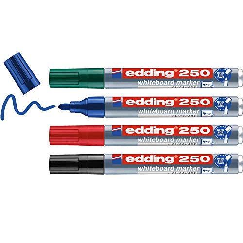 edding 250 Whiteboardmarker - bunte Farben - 4 Whiteboard Stifte - Rundspitze 1,5-3 mm - Boardmarker abwischbar - für Whiteboard, Flipchart, Magnettafel, Memoboard - Sketchnotes - nachfüllbar von edding