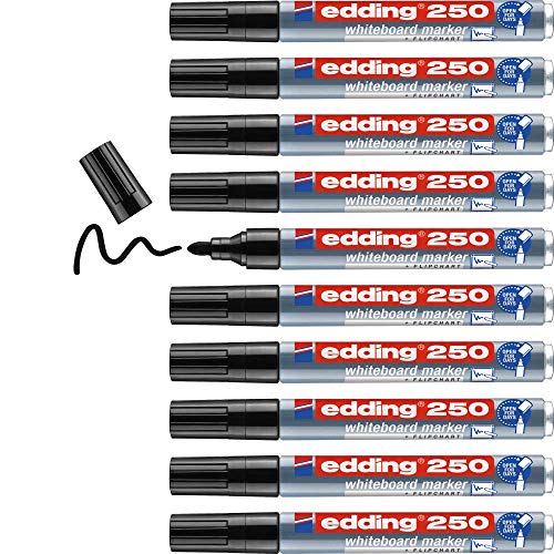 edding 250 Whiteboardmarker - schwarz - 10 Whiteboard Stifte - Rundspitze 1,5-3 mm - Boardmarker abwischbar - für Whiteboard, Flipchart, Magnettafel, Pinnwand, Memoboard - Sketchnotes - nachfüllbar von edding