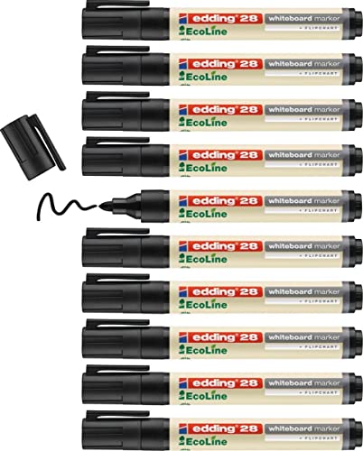 edding 28 Ecoline Whiteboardmarker - schwarz - 10 Whiteboard Stifte - Rundspitze 1,5-3 mm - Boardmarker abwischbar - Whiteboard, Flipchart, Magnettafel, Pinnwand, Memoboard - Sketchnotes - nachfüllbar von edding