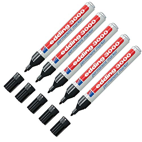 edding 3000 Permanentmarker (zur Beschriftung und Markierung von fast allen Oberflächen) - 5er Pack Schwarz - nachfüllbarer, wasserfester und lichtbeständiger Marker (5, Schwarz) von edding