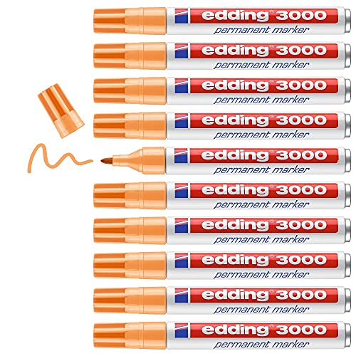 edding 3000 Permanentmarker - hell-orange - 10 Stifte - Rund-Spitze 1,5-3 mm - schnell trocknender Permanent Marker - wasserfest, wischfest - für Karton, Kunststoff, Holz, Metall - Universalmarker von edding