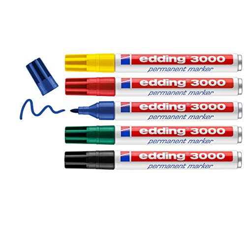 edding 3000 Permanentmarker - rot, blau, gün, gelb, schwarz - 5er Set - Rund-Spitze 1,5-3 mm - schnell trocknend, wasserfest, wischfest - für Karton, Kunststoff, Holz, Metall - Universalmarker von edding