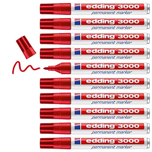 edding 3000 Permanentmarker - rot - 10 Stifte - Rund-Spitze 1,5-3 mm - schnell trocknender Permanent Marker - wasserfest, wischfest - für Karton, Kunststoff, Holz, Metall - Universalmarker von edding