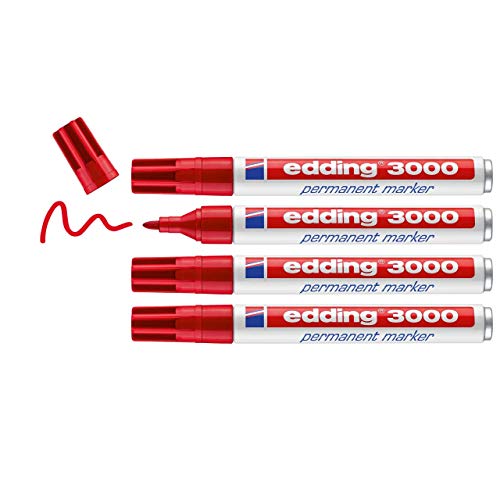 edding 3000 Permanentmarker - rot - 4 Stifte - Rund-Spitze 1,5-3 mm - schnell trocknender Permanent Marker - wasserfest, wischfest - für Karton, Kunststoff, Holz, Metall - Universalmarker edding 3000 Permanentmarker - rot - 4 Stifte - Rund-Spitze 1,5-3 mm - schnell trocknender Permanent Marker - wasserfest, wischfest - für Karton, Kunststoff, Holz, Metall - Universalmarker von edding