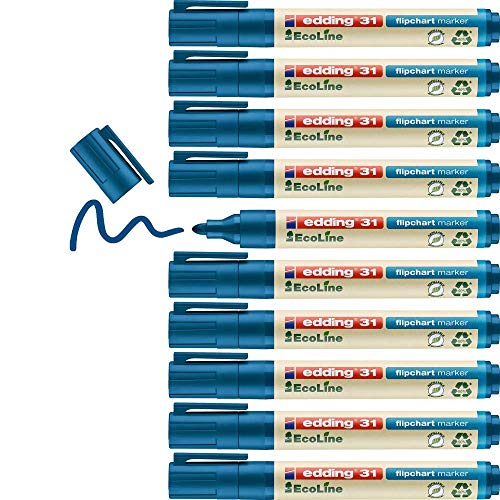 edding 31 EcoLine Flipchartmarker - blau - 10 Stifte - Rundspitze 1,5-3 mm - zum Schreiben, Zeichnen auf Flipcharts - Tinte schlägt nicht durch Papier - trocknet nicht aus - nachfüllbar von edding