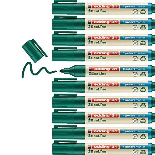 edding 31 EcoLine Flipchartmarker - grün - 10 Stifte - Rundspitze 1,5-3 mm - zum Schreiben, Zeichnen auf Flipcharts - Tinte schlägt nicht durch Papier - trocknet nicht aus - nachfüllbar von edding